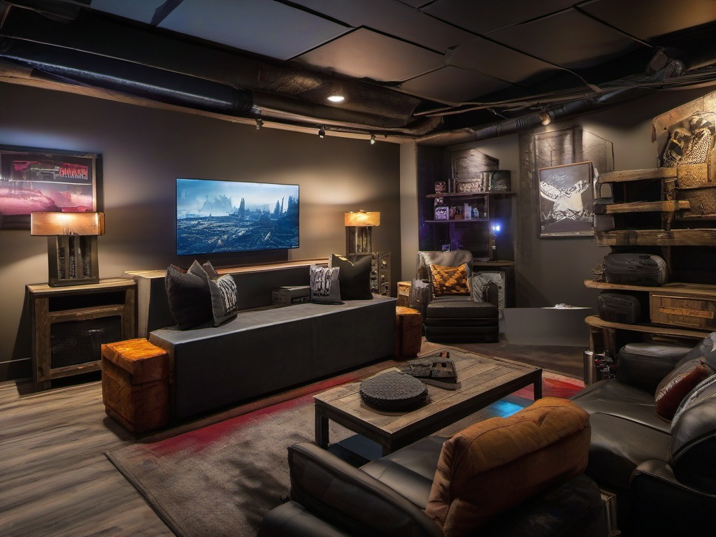 In the gamer room, Post-Apocalyptic interior design features gritty wall art, rugged furnishings, and dynamic lighting that create an immersive environment for gaming experiences.  