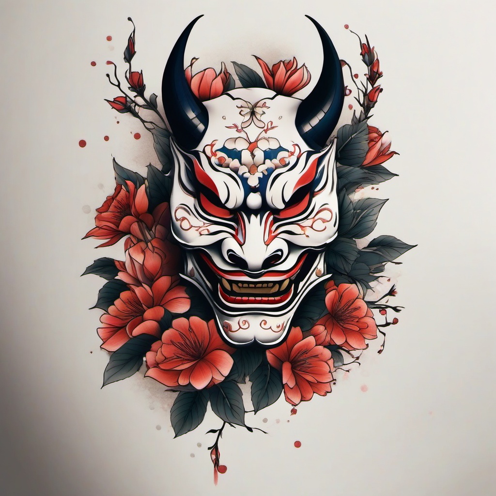 hannya mask with flowers tattoo  simple color tattoo,white background,minimal