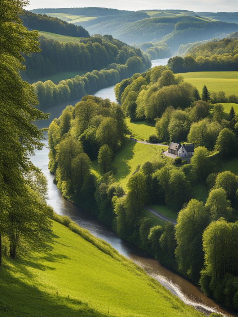 forgotten charms of the ardennes - illustrate the forgotten charms of the ardennes region, with rolling hills, dense forests, and tranquil rivers. 