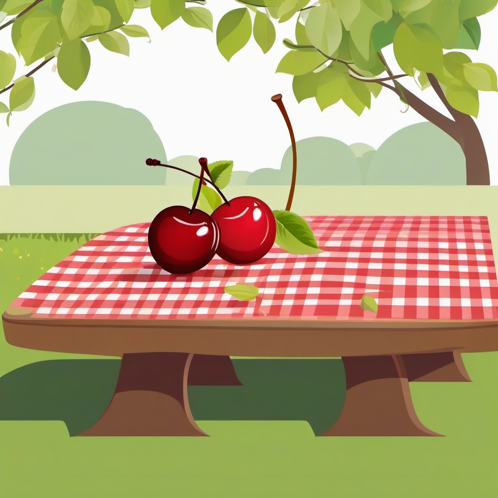 Two cherries sitting on a picnic table clipart.  vector style illustration, white background