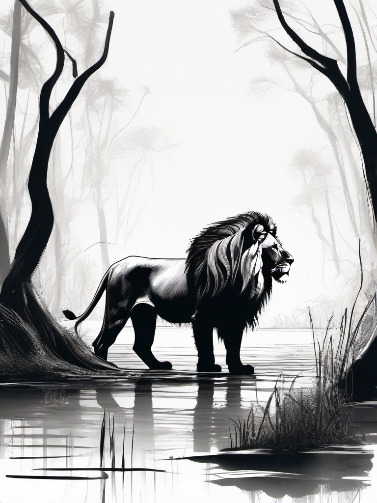 drawing of a lion in swamp  minimal rough sketch scribbles,doodles,black and white