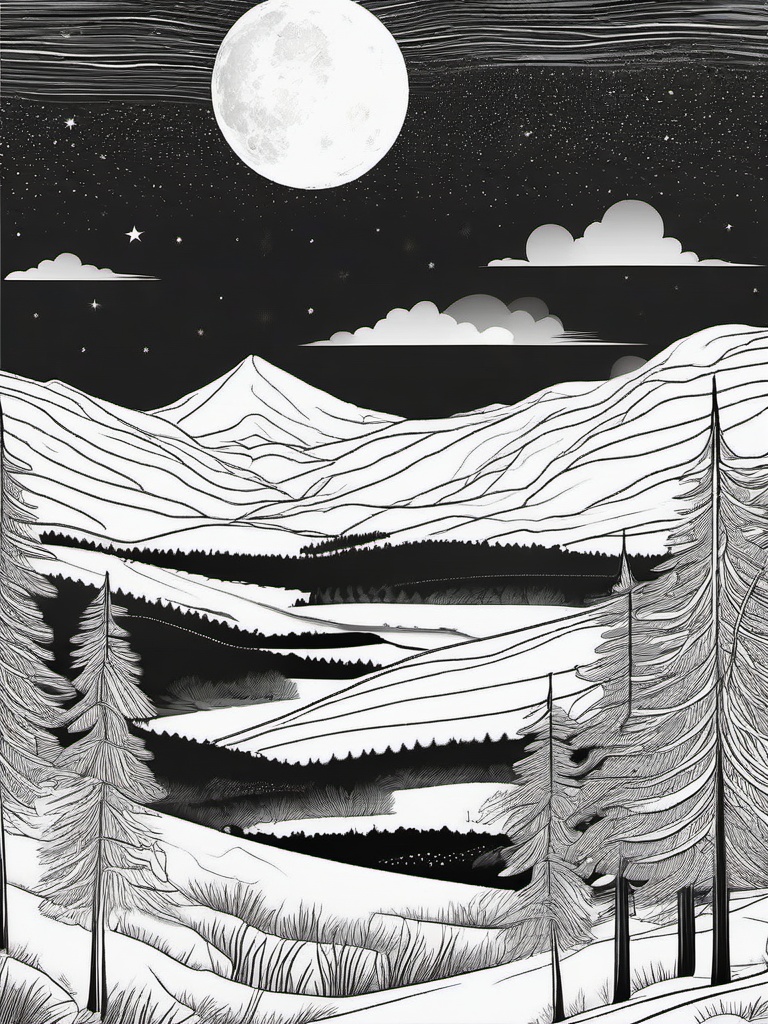 Winter Moon Coloring Pages - Moonlit Snowy Landscapes  minimal black outline printable sheet, coloring page