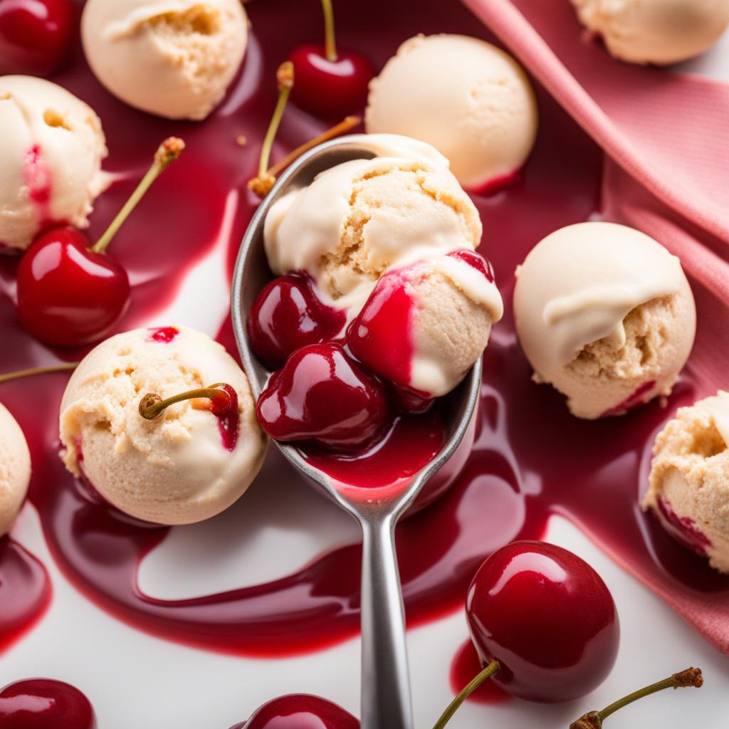 a scoop of creamy cherry vanilla ice cream, with swirls of sweet cherry sauce. 