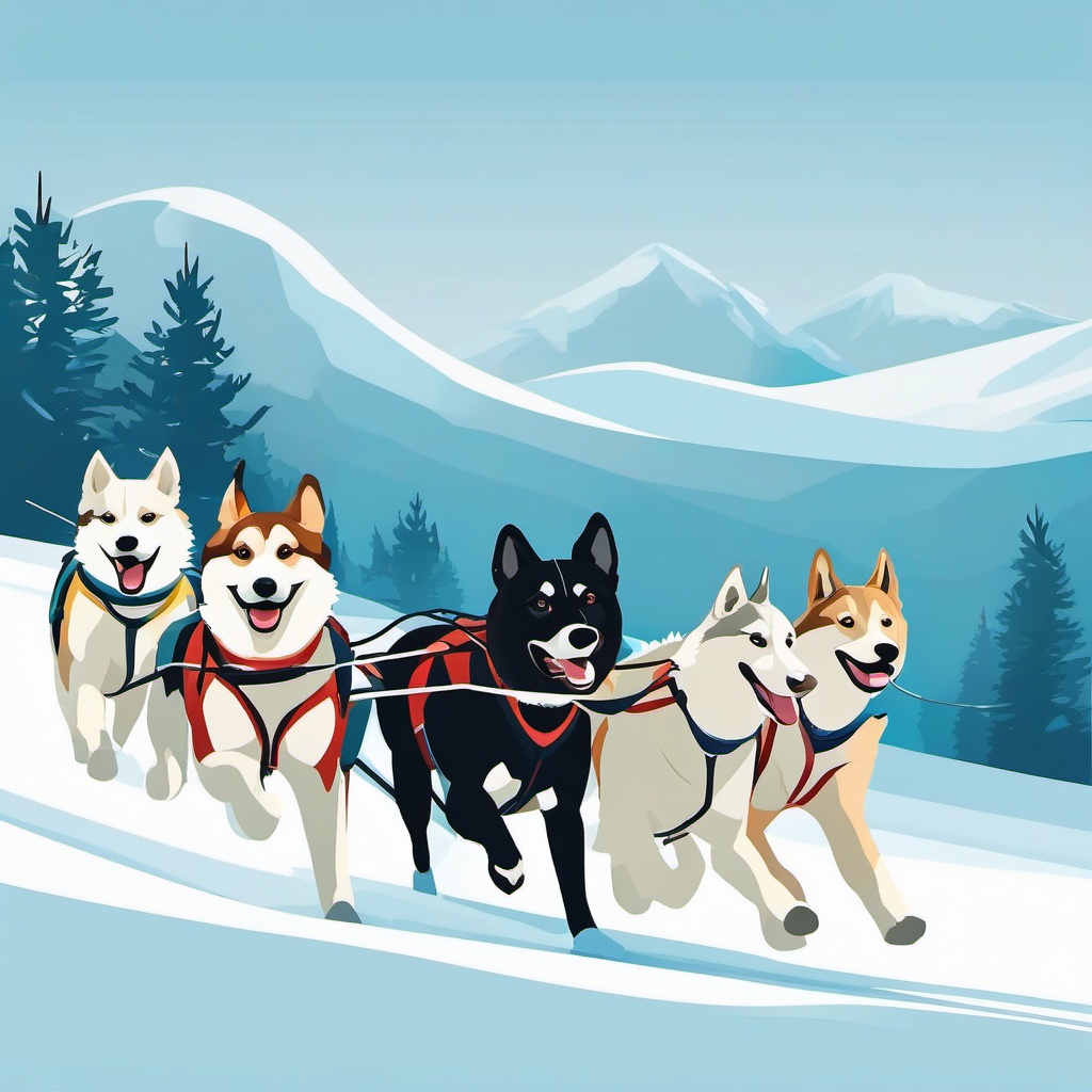 Dog Sled Clipart - A team of sled dogs racing through the snow.  transport, color vector clipart, minimal style