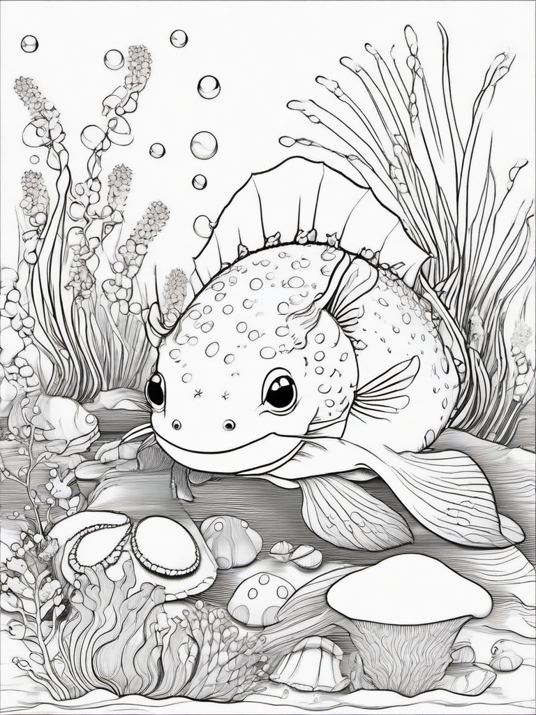 Axolotl Coloring Pages - Axolotl with colorful seashells and starfish  simple coloring pages