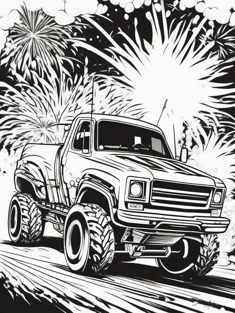 Monster Truck with Fireworks Coloring Pages - Trucks Racing Amidst Exploding Fireworks  minimal black outline printable sheet, coloring page