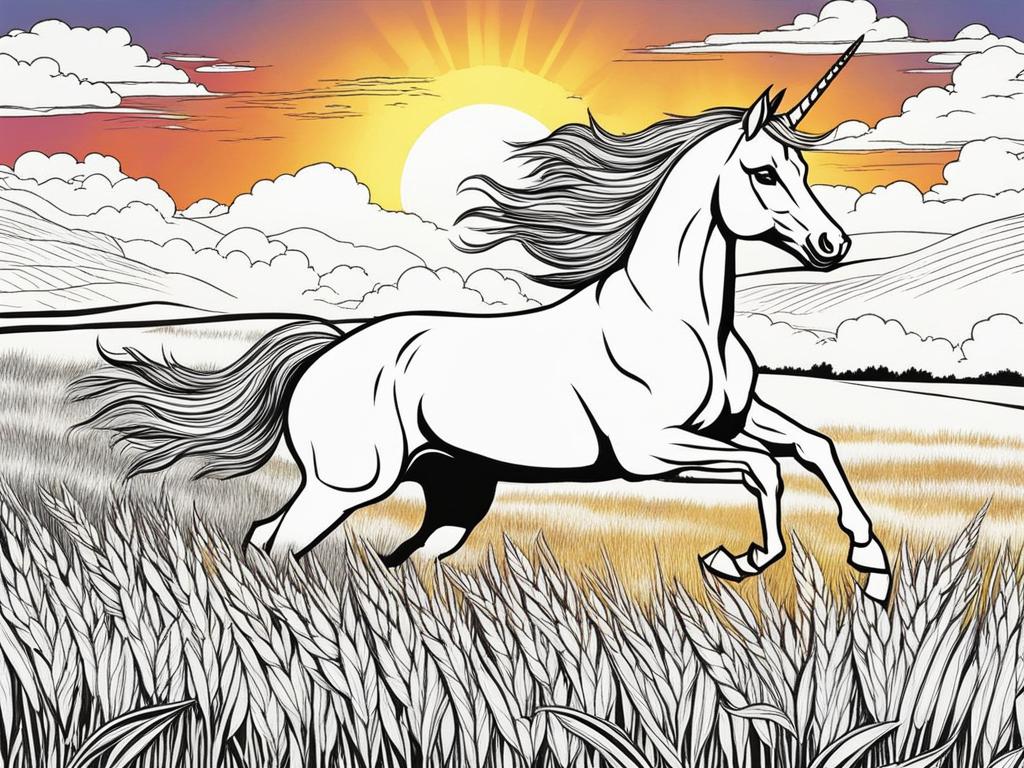 unicorn coloring pages - enthusiastic unicorn leaping through a field of golden wheat, the sun setting behind it in a blaze of colors. 