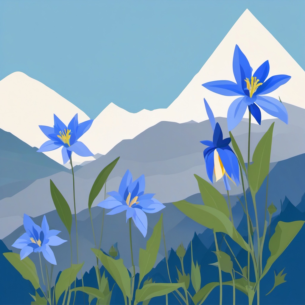 Mountain Blue Columbine Clip Art - Blue columbine flowers in mountain terrain,  color vector clipart, minimal style