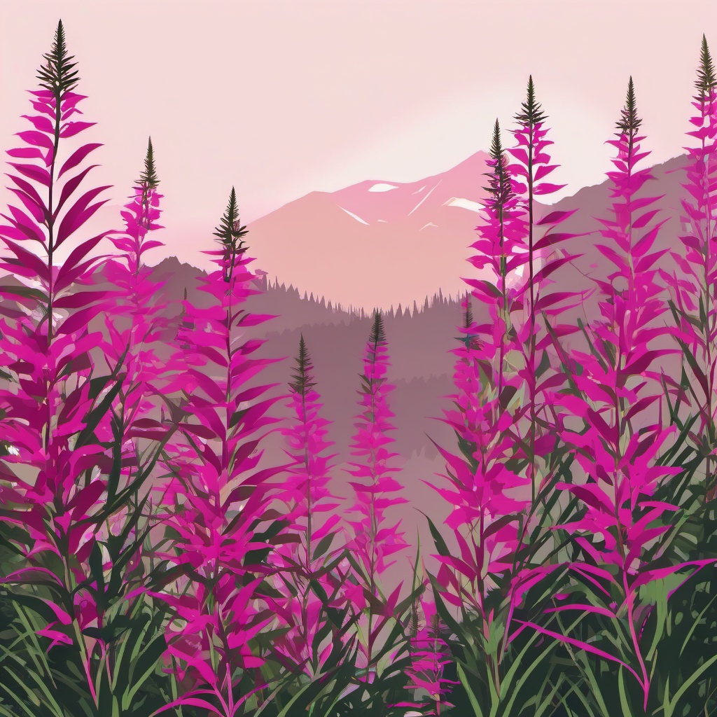 Taiga Pink Fireweed Clip Art - Pink fireweed gracing the tranquil taiga forests,  color vector clipart, minimal style