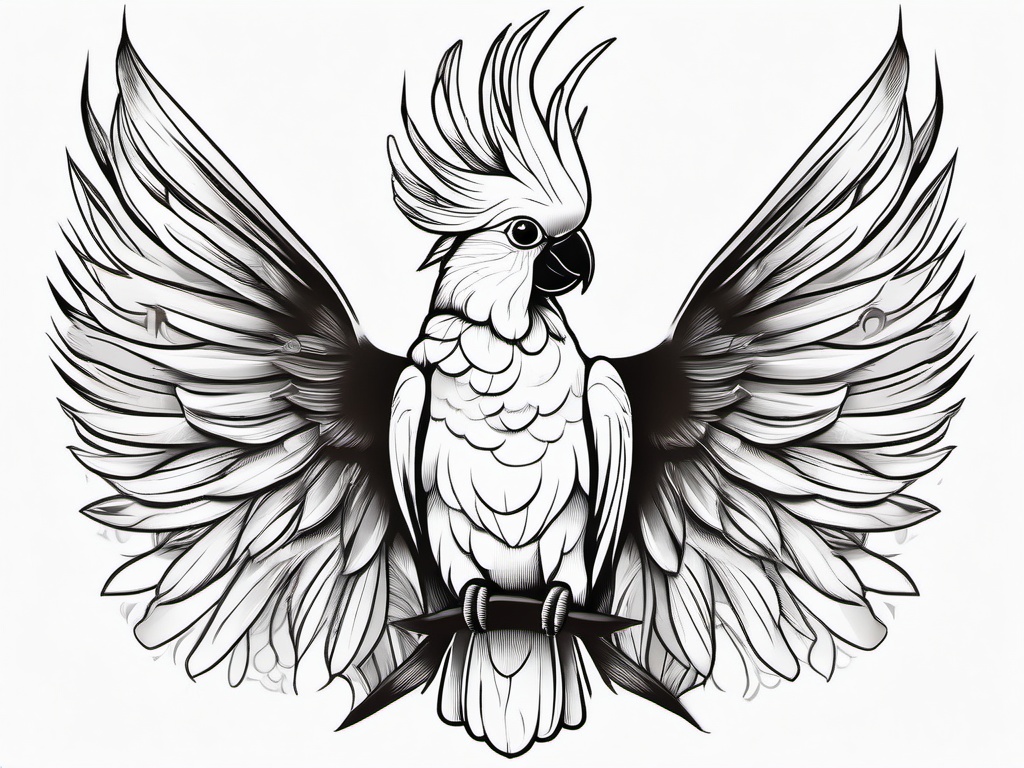 Cockatoo Tattoo - Elegant cockatoo with a striking crest, symbolizing vibrancy  few color tattoo design, simple line art, design clean white background