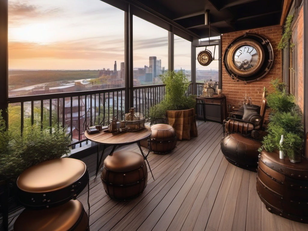 The balcony showcases steampunk interior design with vintage seating, industrial decor, and charming views that create a perfect space for relaxation and enjoyment.  