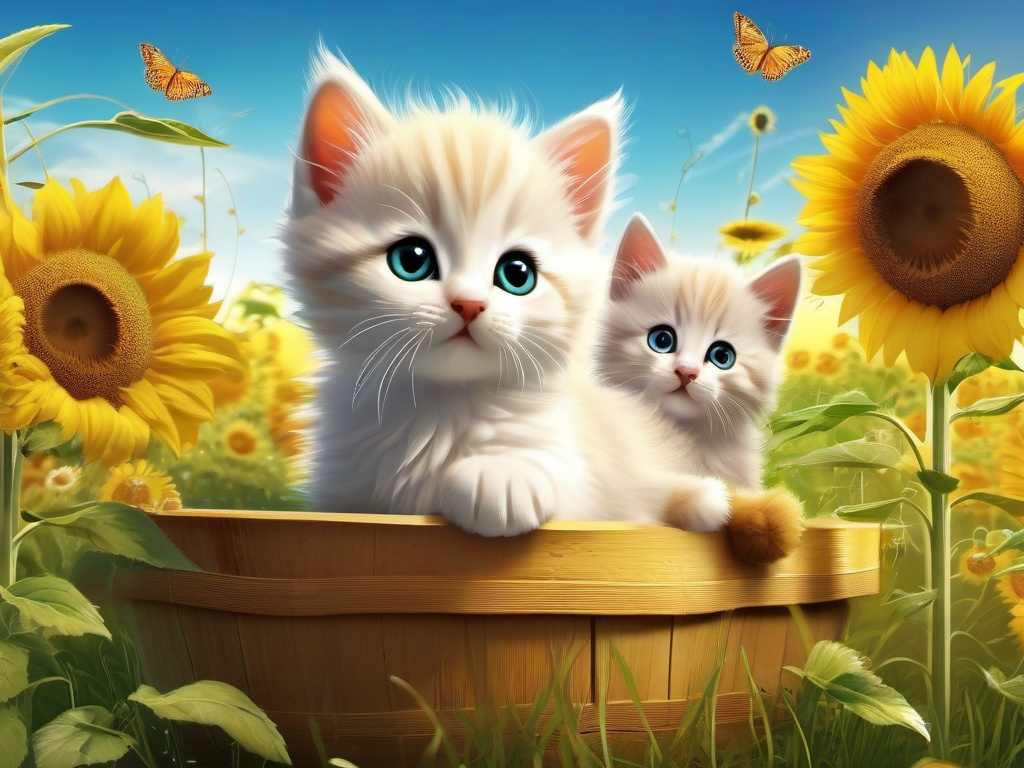 Cute Desktop Wallpaper - Playful Kittens at a Sunflower Meadow  wallpaper style, intricate details, patterns, splash art, light colors