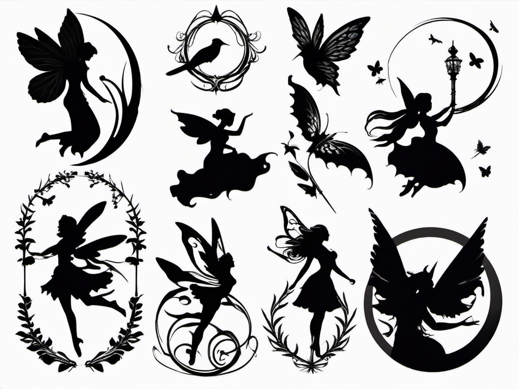 fairy silhouette tattoo designs  simple color tattoo style,white background