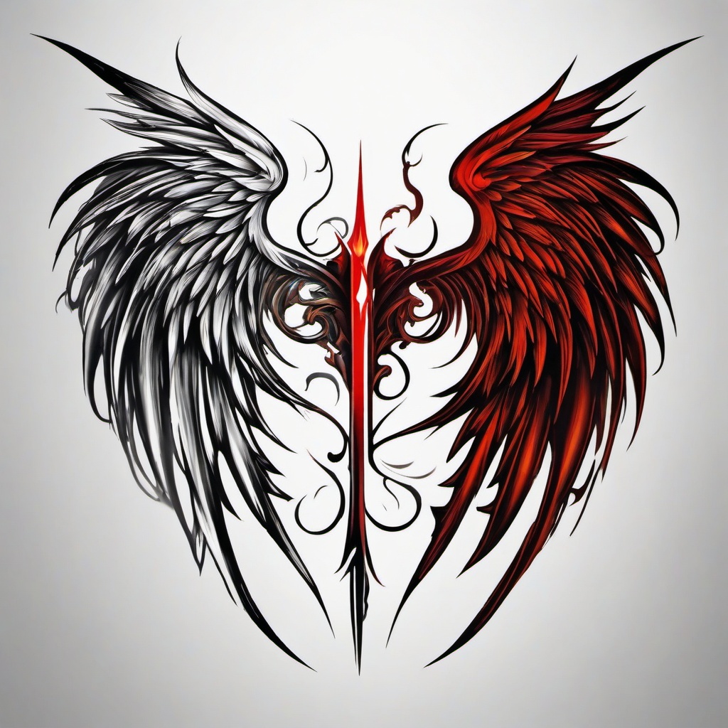 Devil and Angel Wing Tattoo-Intriguing and symbolic tattoo featuring both devil and angel wings, capturing themes of duality and balance.  simple color tattoo,white background