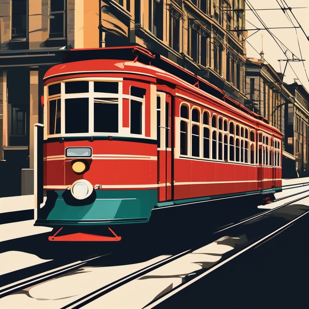 Streetcar Clipart - A vintage streetcar on city tracks.  transport, color vector clipart, minimal style