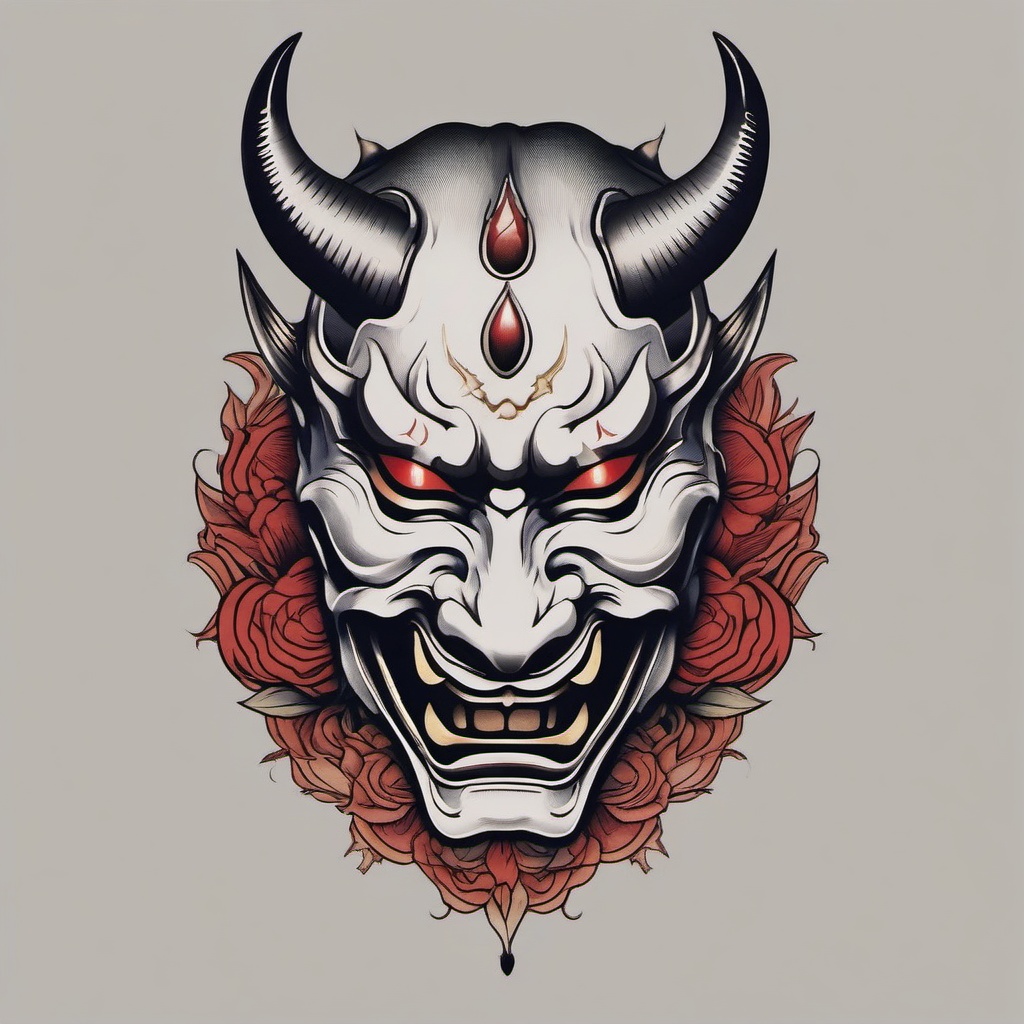 hannya and oni mask tattoo  simple color tattoo,white background,minimal