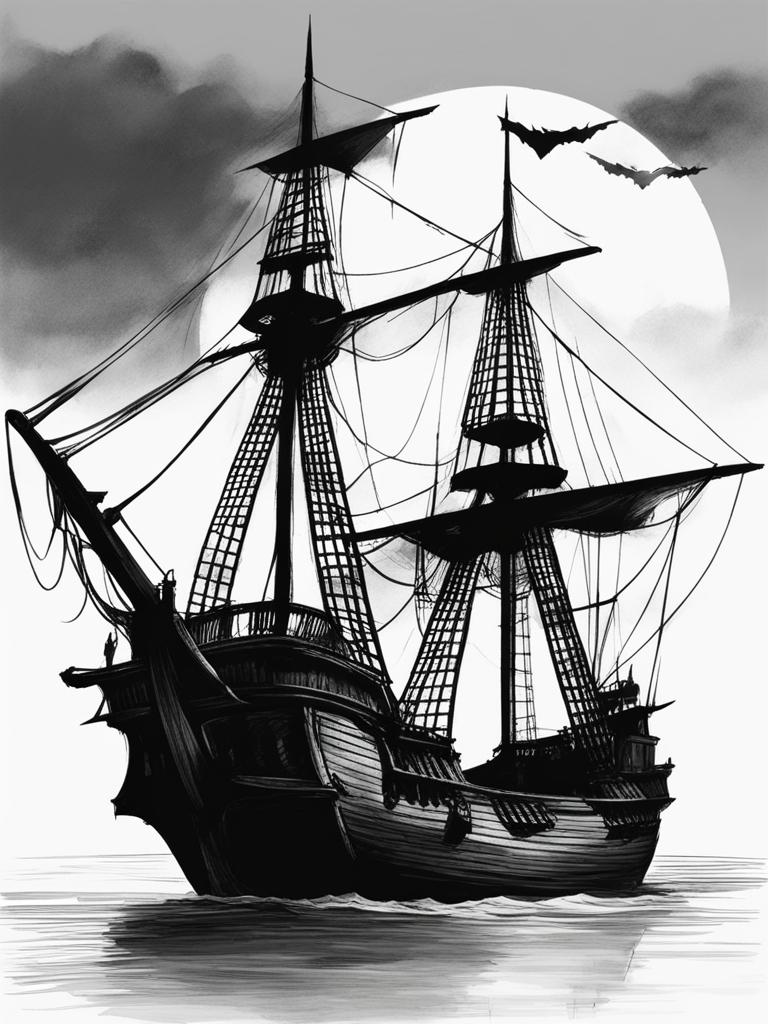 haunted pirate ship - sketch a ghostly pirate ship haunted by the crew's vengeful spirits. 