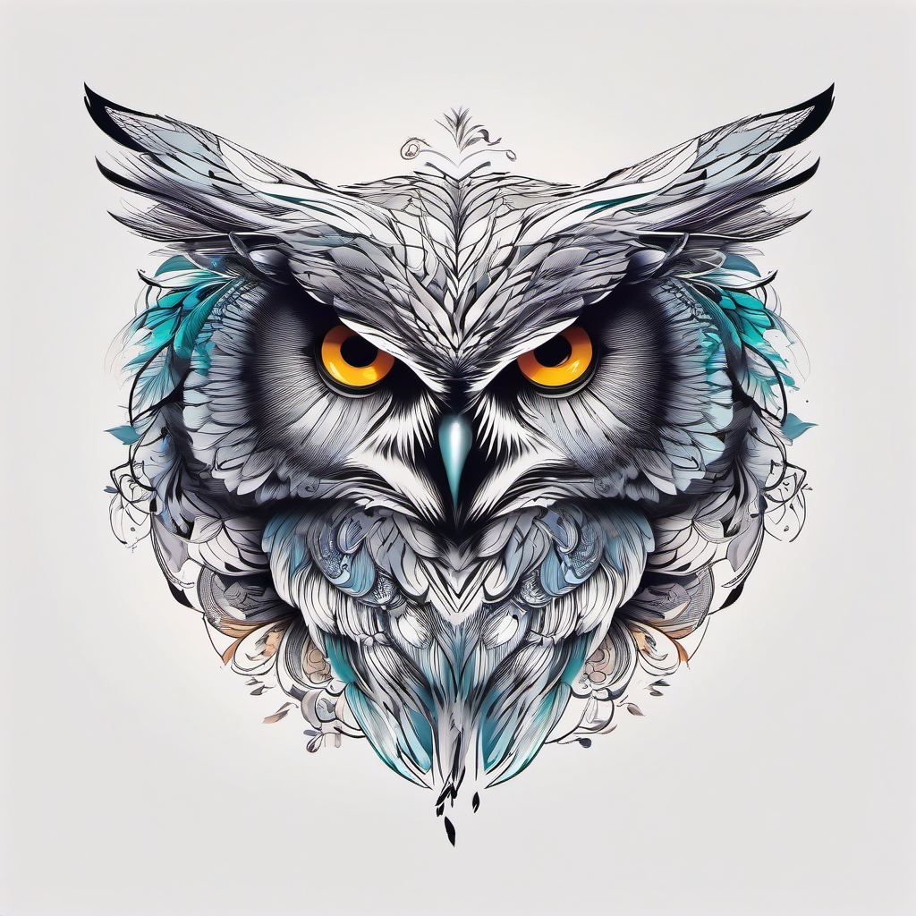 Owl tattoo transforming into a poetic quill.  color tattoo style, minimalist design, white background