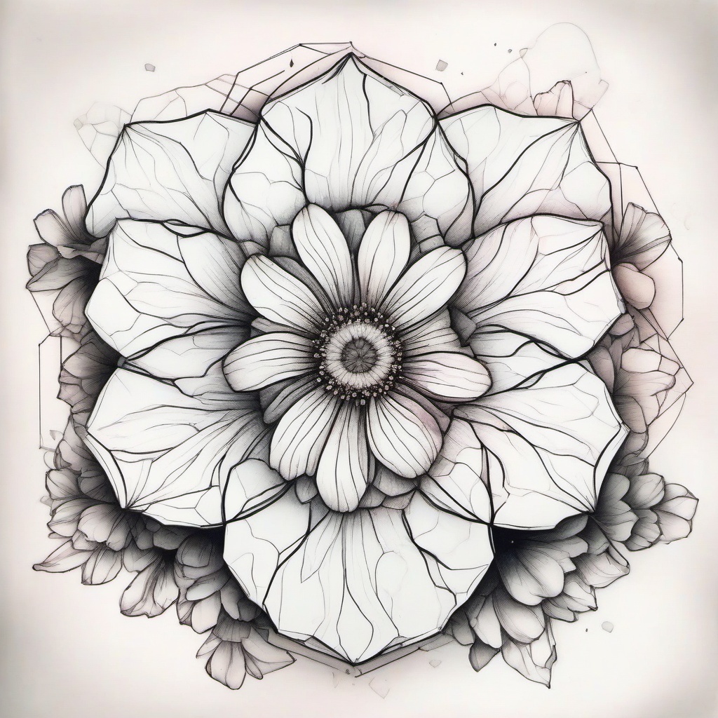 Cosmos flower cutting laying overtop of 3 stacked equilateral hexagons  ,tattoo design, white background