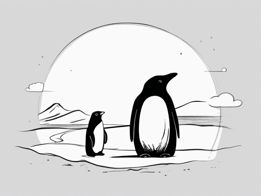 drawing of a penguin and a polar bear together  minimal rough sketch scribbles,doodles,black and white