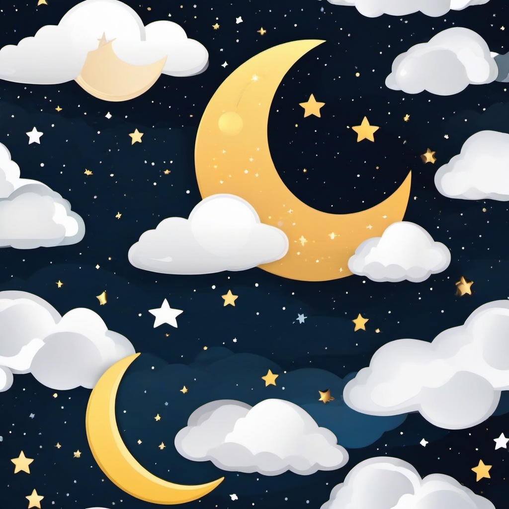 Moon with Stars and Clouds Sticker - Crescent moon amidst stars and clouds, ,vector color sticker art,minimal