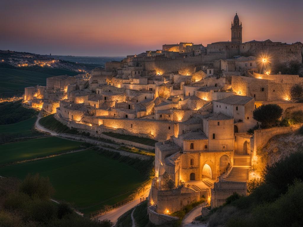 mystical matera caves - create an artwork that captures the otherworldly beauty of the ancient cave dwellings in matera, with their unique charm. 