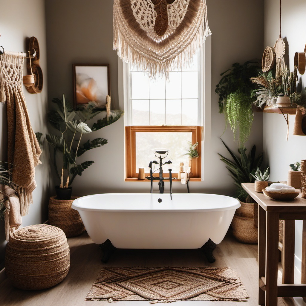 Boho Bathroom Sanctuary - Boho bathroom sanctuary with macrame decor and earthy tones. realistic, professional photography, bokeh, natural lighting, canon lens, shot on dslr 64 megapixels sharp focus