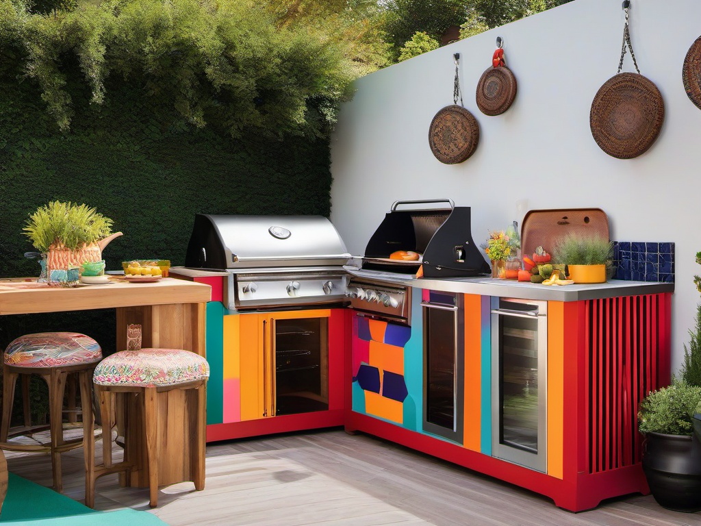 Maximalist outdoor kitchen showcases bold colors, intricate patterns, and eclectic decor, making it a lively and dynamic space for outdoor cooking.  