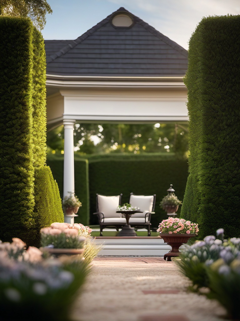 Elegant Backyard Retreat - Elegant backyard retreat with a formal garden and classic outdoor furniture. realistic, professional photography, bokeh, natural lighting, canon lens, shot on dslr 64 megapixels sharp focus