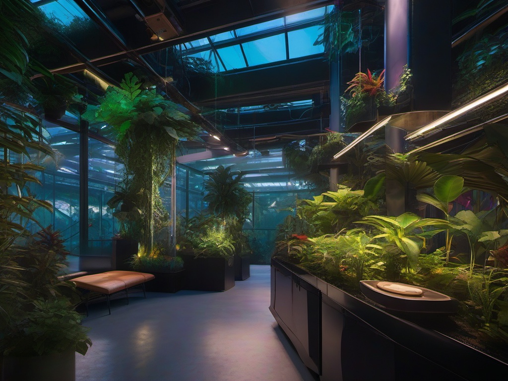 The greenhouse showcases cyberpunk interior design with innovative features, vibrant plants, and colorful decor that create a high-tech environment for gardening and plant care.  