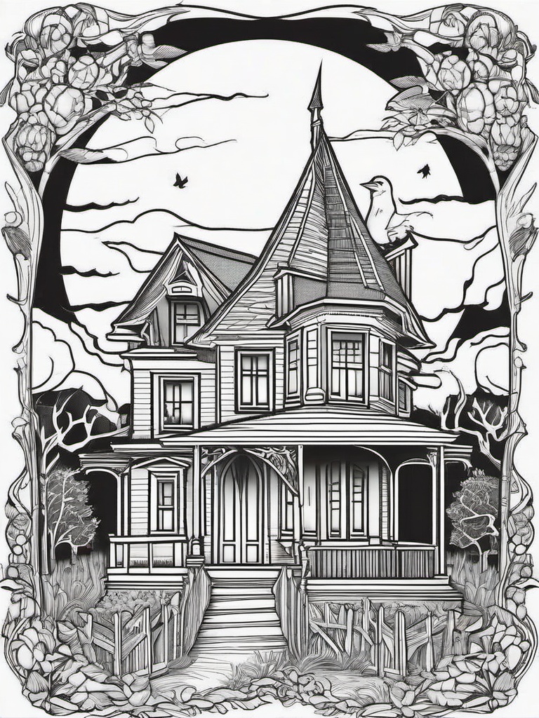 House Coloring Pages - Haunted house with spooky elements and ghosts  simple coloring pages