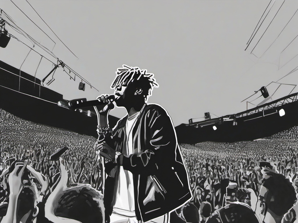 drawing of Juice Wrld performing on stage  minimal rough sketch scribbles,doodles,black and white