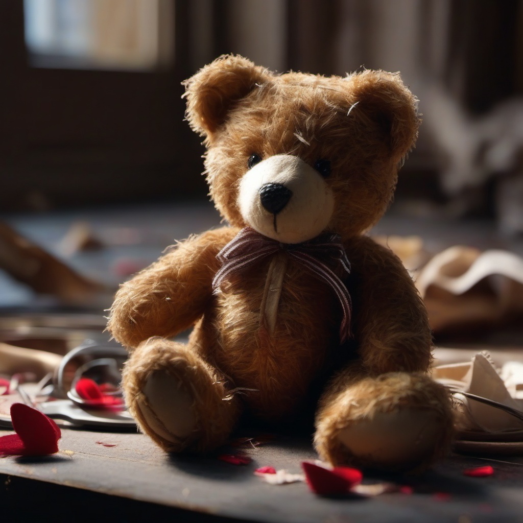 A discarded, torn teddy bear finds new purpose in stitching together broken hearts.  8k, hyper realistic, cinematic