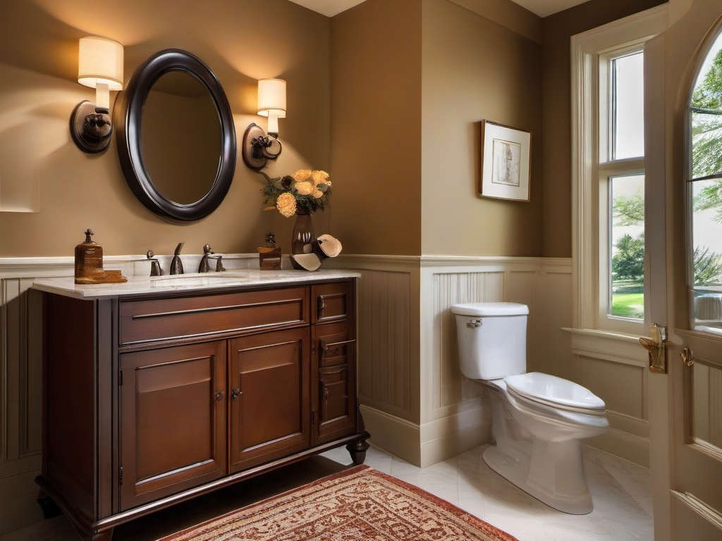 In the guest bathroom, traditional interior design features classic fixtures, elegant accents, and warm colors that create a welcoming atmosphere for visitors.  