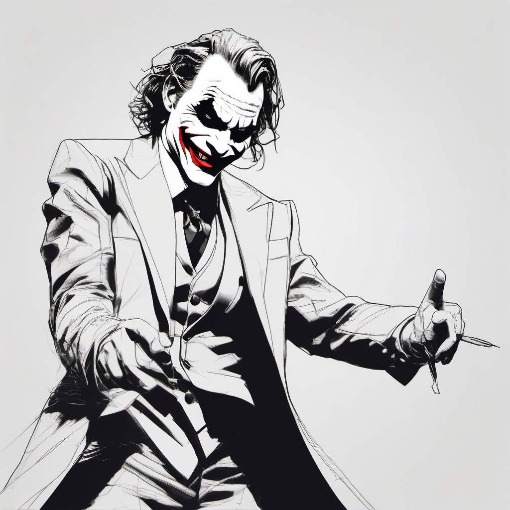 drawing of the Joker in a villain pose  minimal rough sketch scribbles,doodles,black and white