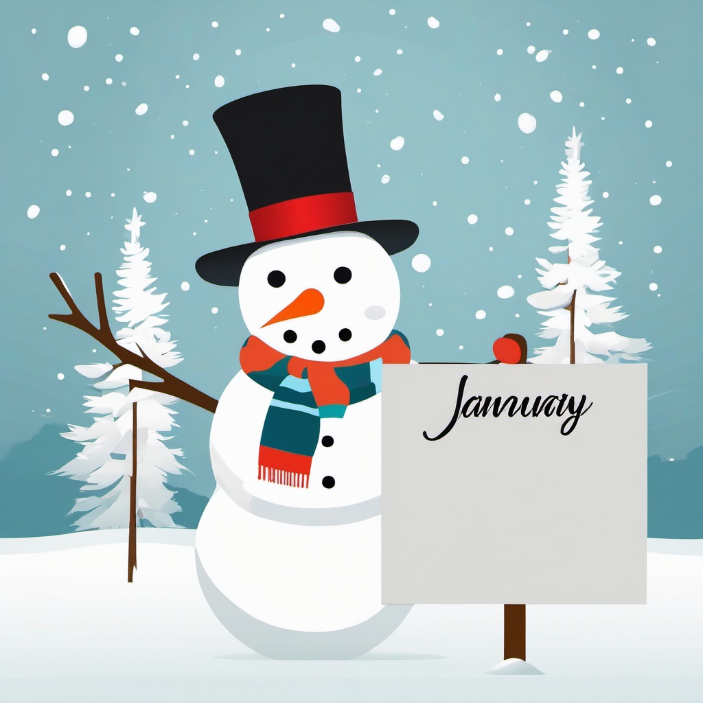 January clipart - snowman holding a sign that says January  color,minimalist,vector clipart