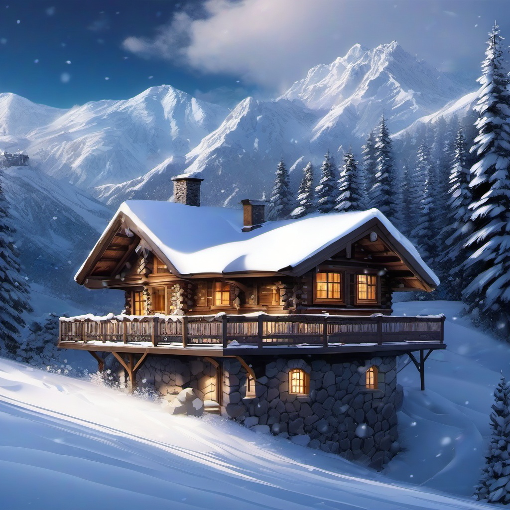 Winter Desktop Wallpaper - Snowy Alpine Chalet in Winter  intricate patterns, splash art, wallpaper art