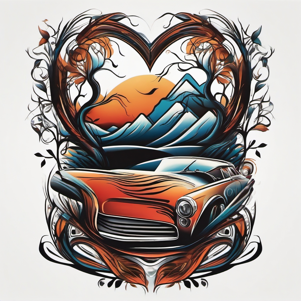 Abstract car roots tattoo. Deep-seated love for the open road.  color tattoo design, white background