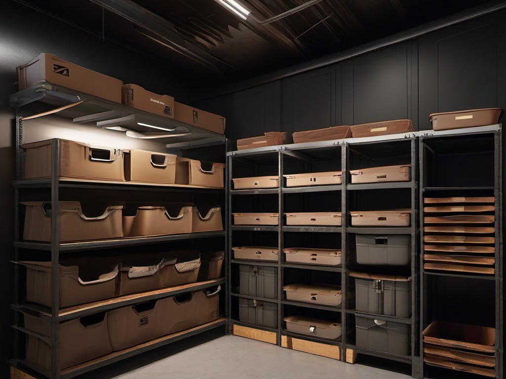 The storage room showcases Post-Apocalyptic interior design with organized bins, rugged materials, and unique accents that maximize efficiency while adding character to the space.  