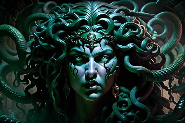 medusa, the fearsome gorgon, petrifying her enemies in a dimly lit labyrinth. 