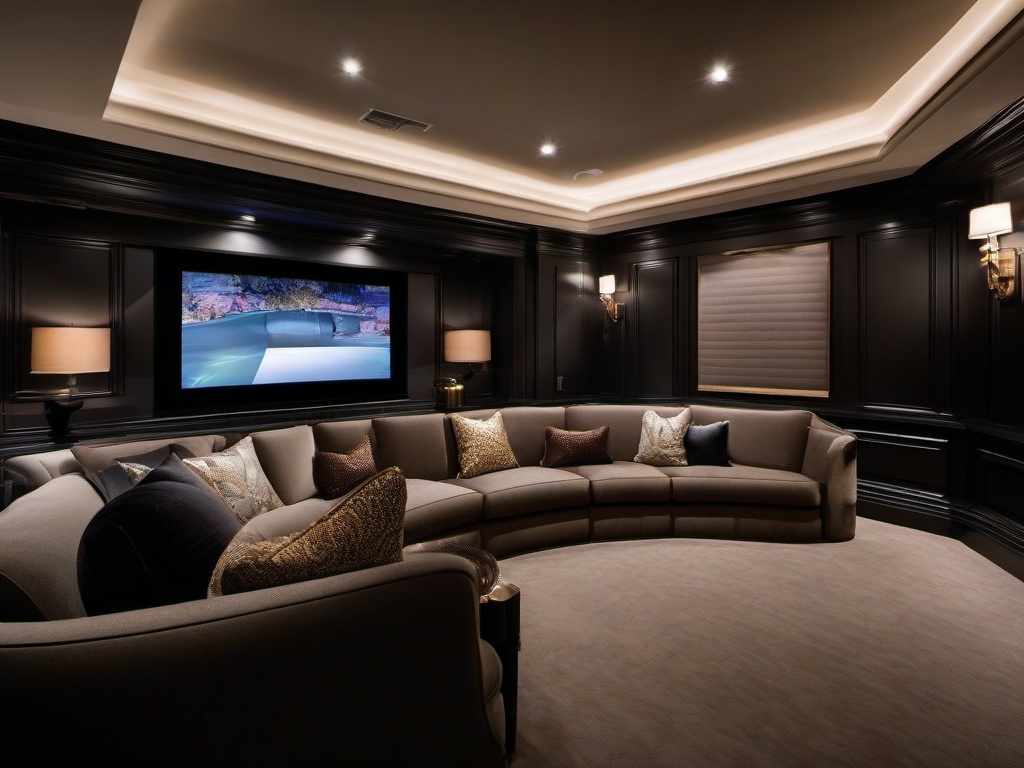 A media room designed with Regency interior design features plush seating, elegant decor, and sophisticated accents that enhance the cinematic experience in a luxurious setting.  