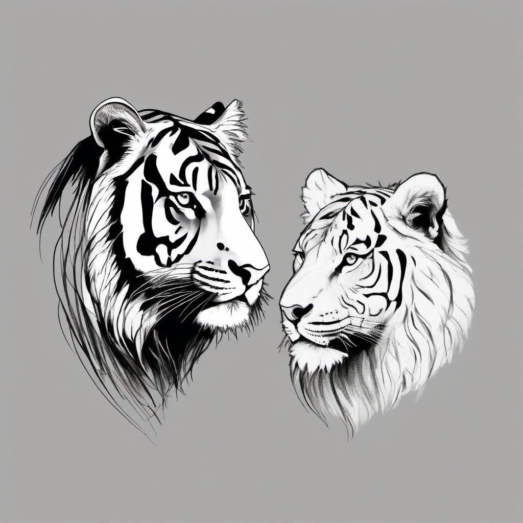 drawing of a tiger and a lion  minimal rough sketch scribbles,doodles,black and white