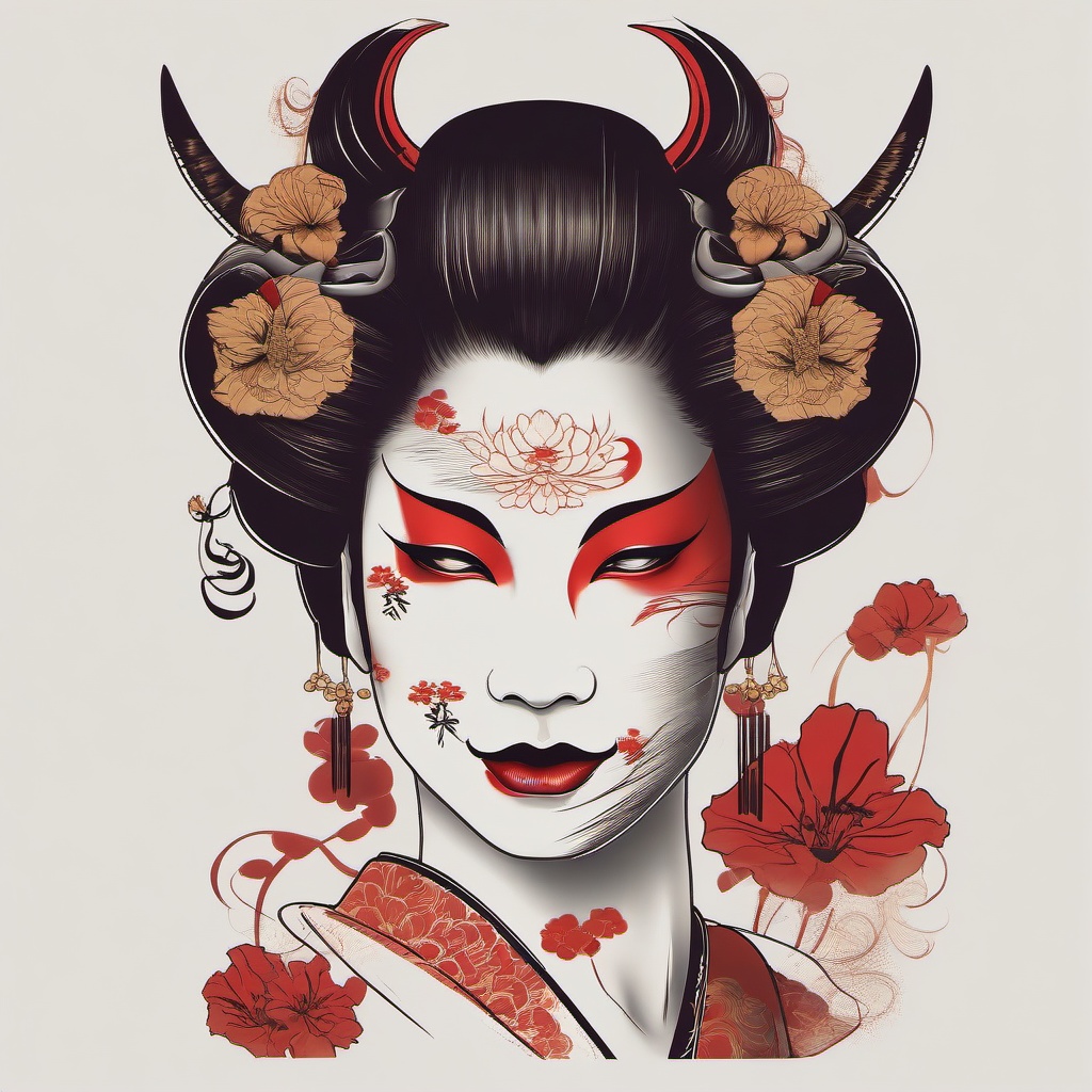 Half Hannya Half Geisha - Features a unique blend of the Hannya mask and the elegance of a Geisha in tattoo art.  simple color tattoo,white background,minimal