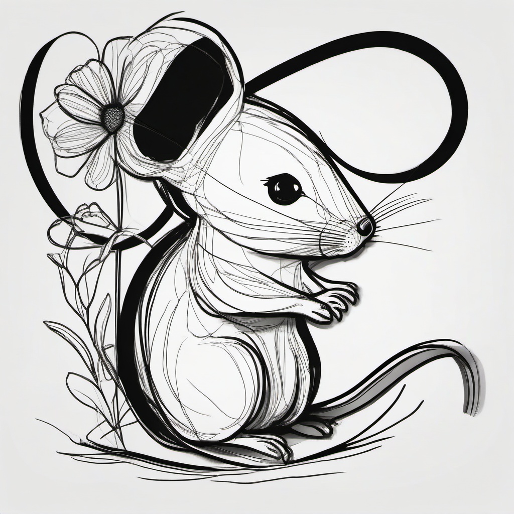 drawing of a mouse with a flower  minimal rough sketch scribbles,doodles,black and white