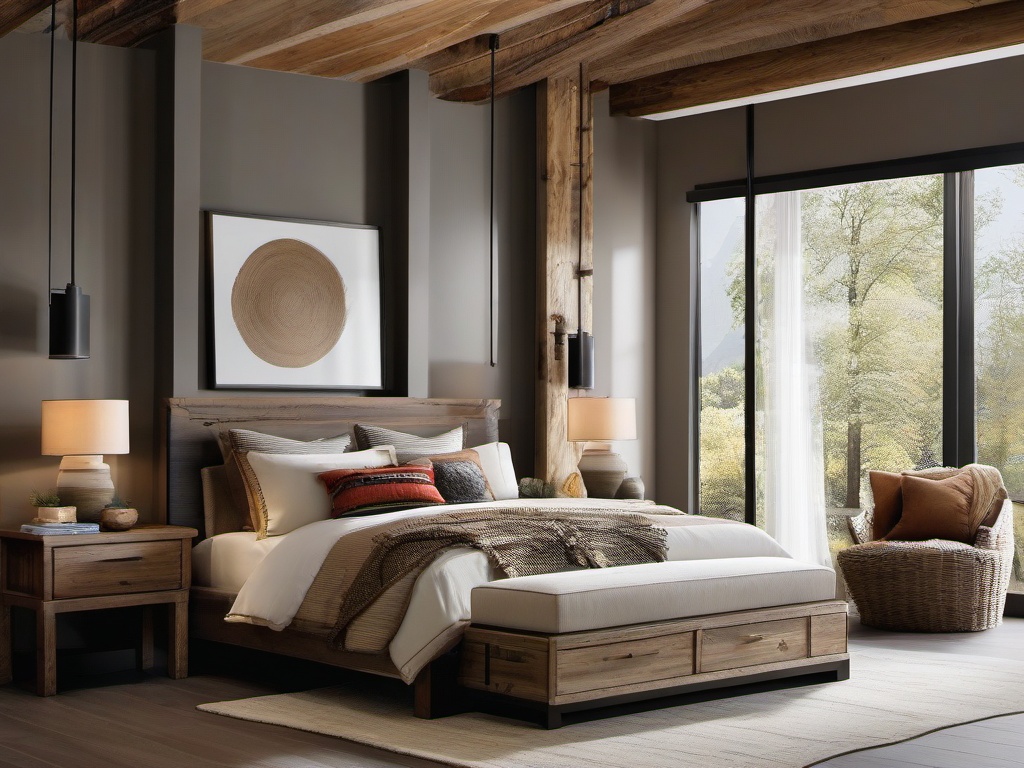 Modern Rustic master bedroom combines sleek fixtures with rustic wood accents and warm textiles, creating a stylish yet inviting retreat.  