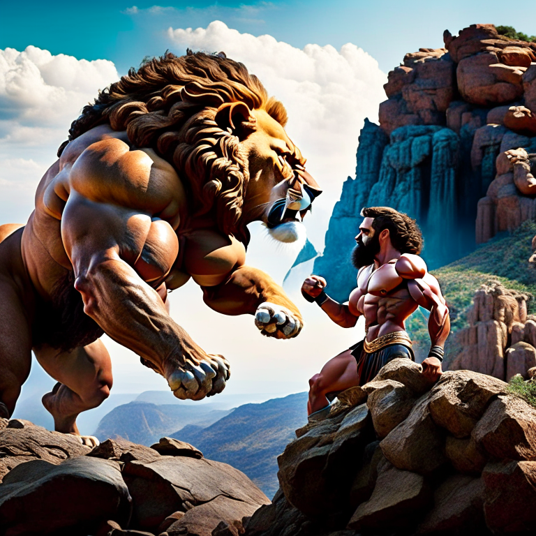 hercules vs the nemean lion - the legendary strongman hercules confronts the indomitable nemean lion in the rocky hills, wrestling with its ferocious might. 