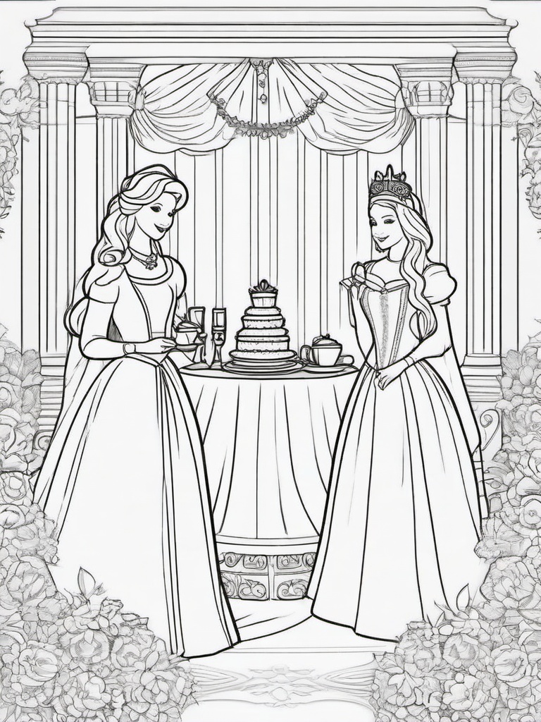 Princess Tea Party Coloring Pages - Delightful Gathering of Royalty and Friends  minimal black outline printable sheet, coloring page