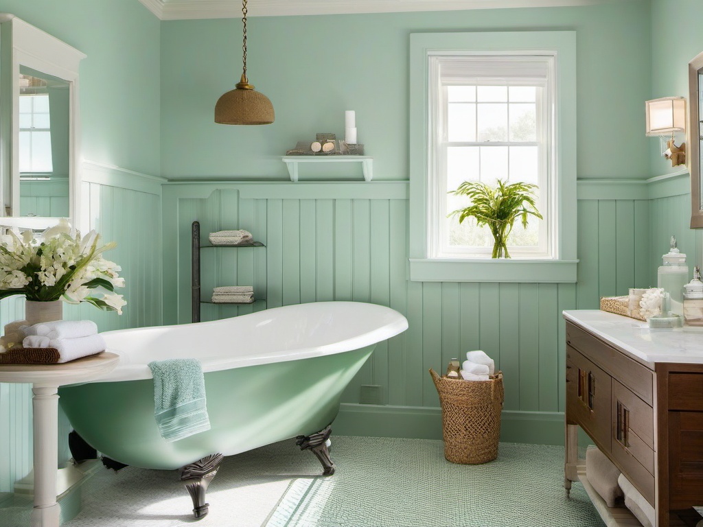 Coastal-inspired bathroom with seafoam green tiles and nautical decor.  