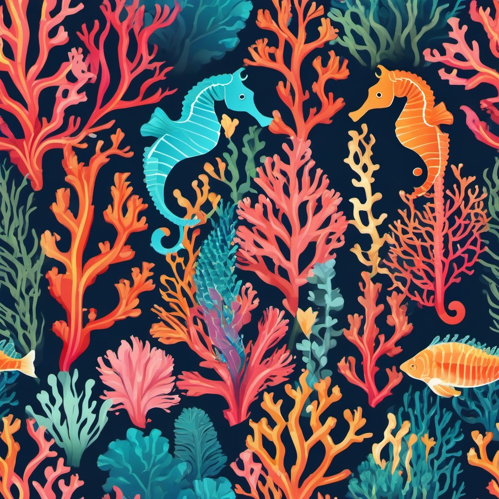 Seahorse Clipart - Seahorse floating among colorful coral reefs , minimal, 2d