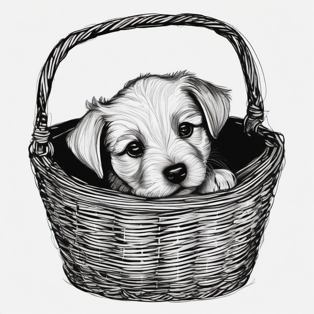 drawing of a puppy in a basket  minimal rough sketch scribbles,doodles,black and white